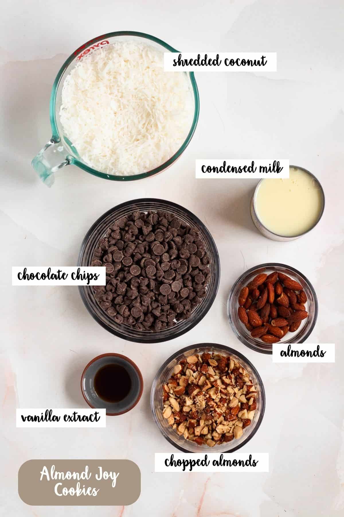 Top-down view of ingredients for Almond Joy Cookies including shredded coconut, semi-sweet chocolate chips, sweetened condensed milk, whole and chopped almonds, and vanilla extract