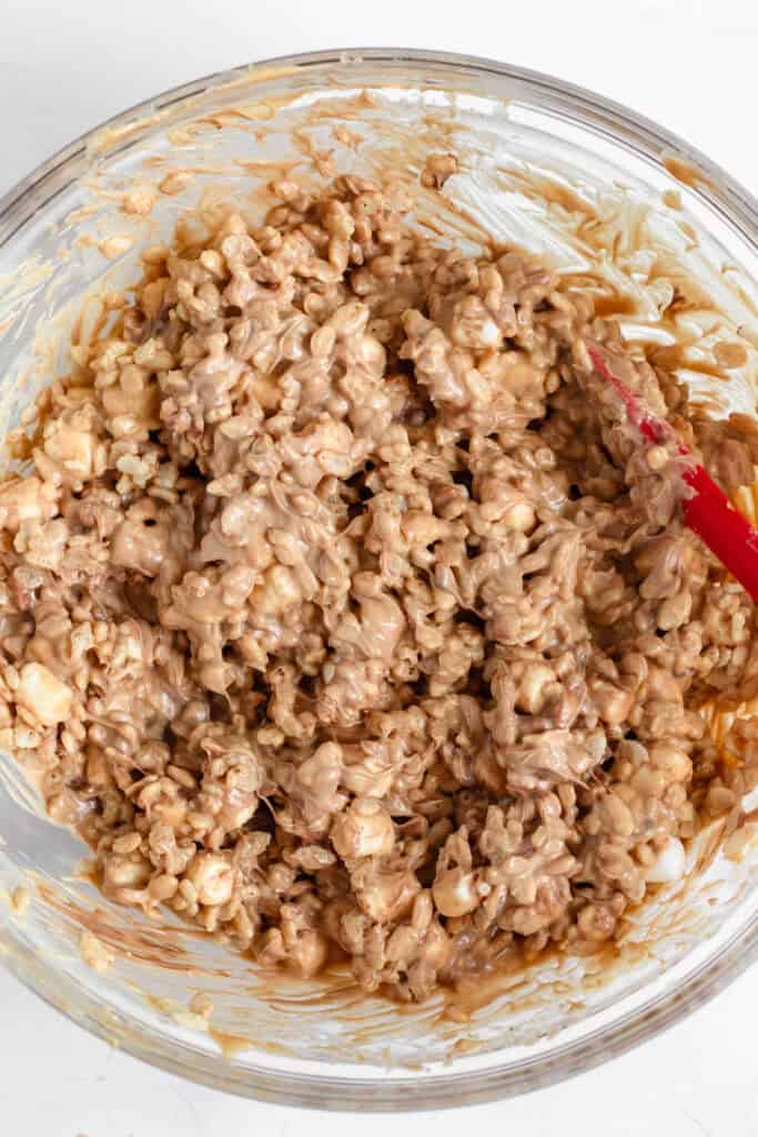 Rice Krispies cereal evenly coated in a smooth chocolate and peanut butter mixture.