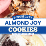 Pinterest image of a close-up shot of a hand holding an Almond Joy Cookie, and a top-view shot of a bowl filled with the unmixed ingredients of the Almond Joy Cookies.