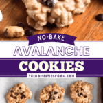 Pinterest image of a close-up shot of an Avalanche Cookie with peanut and chocolate chips on the side, and a top-view shot of 6 cookies arranged on a parchment-lined baking sheet.