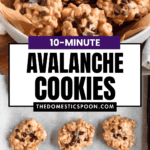 Pinterest image of a close-up shot of a parchment-lined bowl of Avalanche Cookies, and a top-view shot of 6 cookies arranged on a parchment-lined baking sheet.