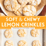 Pinterest image of a top-view shot of a parchment-lined plate with a pile of baked Lemon Cake Mix Cookies, with a bite taken out of one of them, and a top-view shot of the cookies on a lined baking sheet.