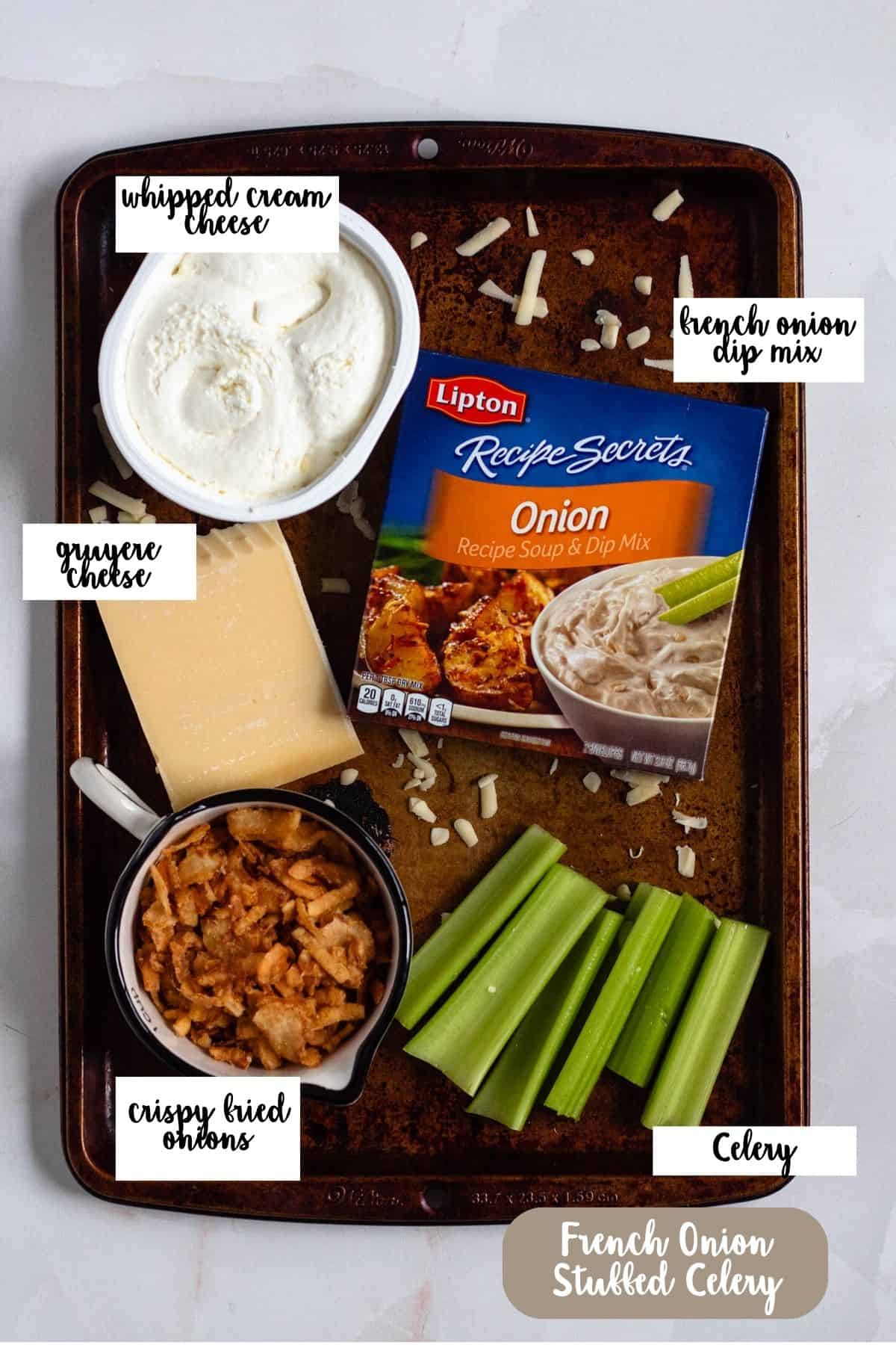 Labeled ingredient shot of French onion stuffed celery
