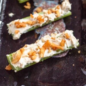 Close up of french onion stuffed celery.