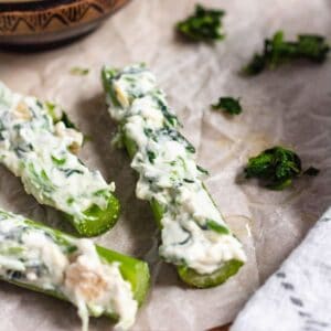 3 stalks of spinach artichoke stuffed celery.