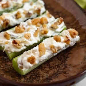 A plate of pineapple walnut stuffed celery