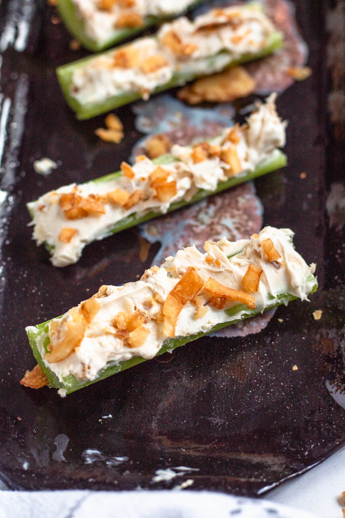 Close up of french onion stuffed celery
