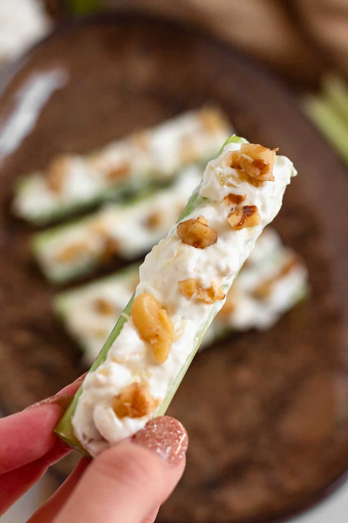 A hand holding a piece of celery with cream cheese filling and topped with walnuts.