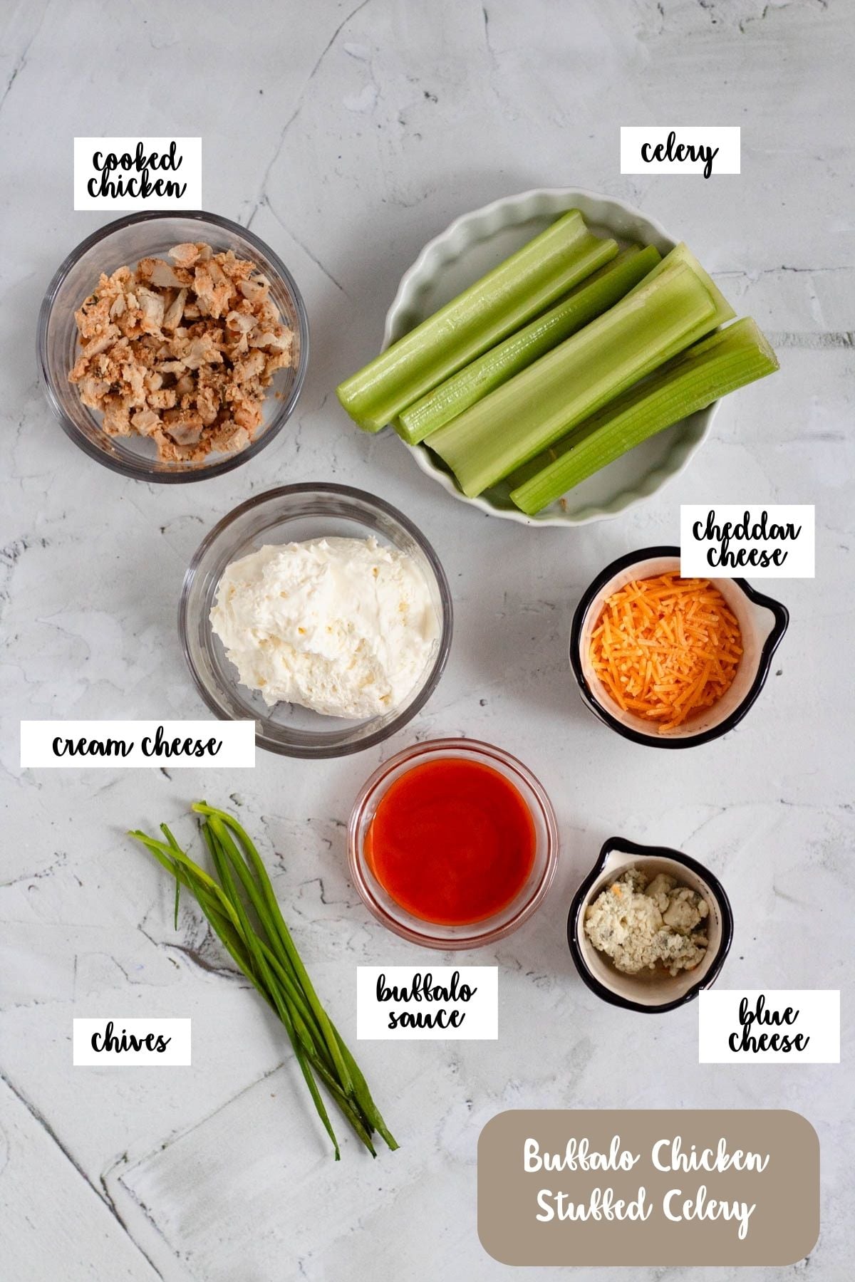 Labeled ingredient shot for buffalo chicken stuffed celery. 